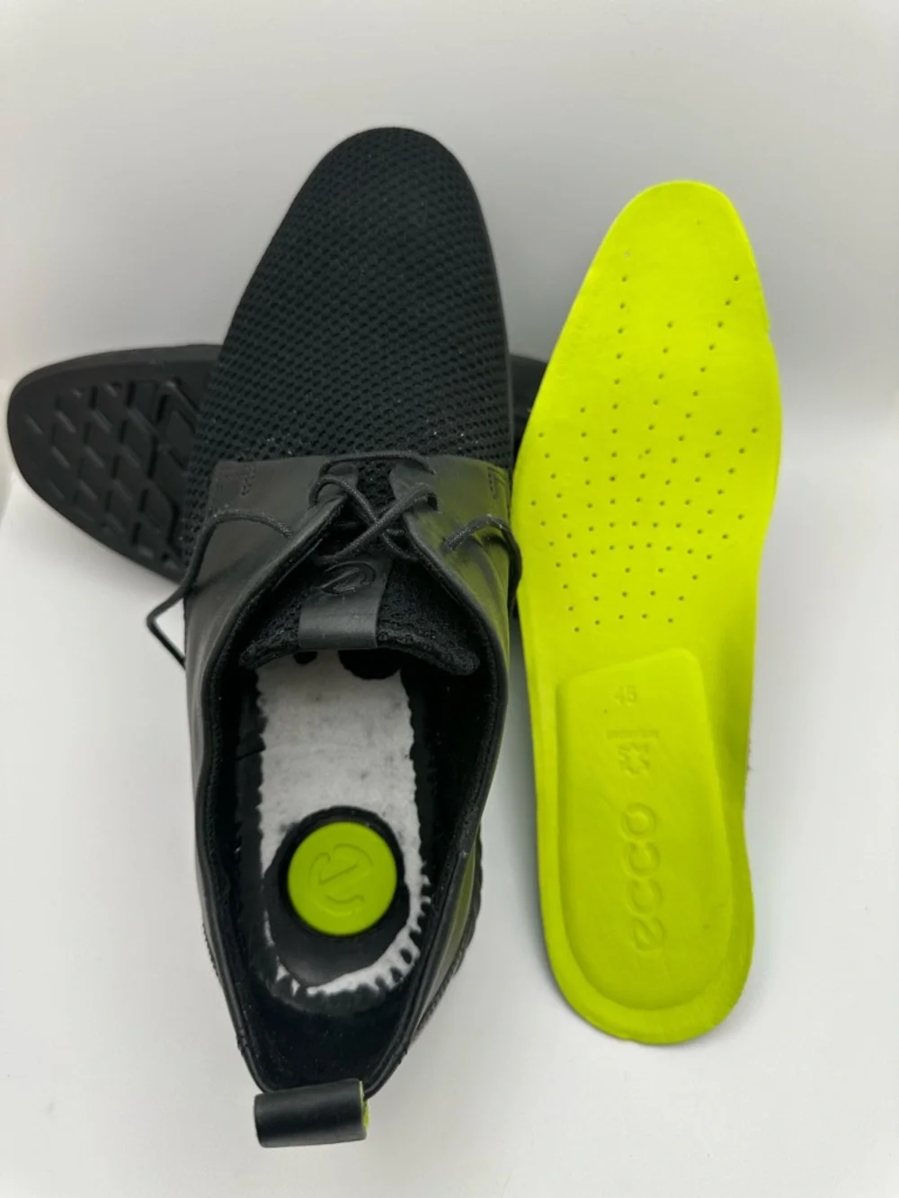 Ecco ST. 1 Men's Hybrid Lite Mesh Black Knit Derby Oxford Shoes Lime Insole